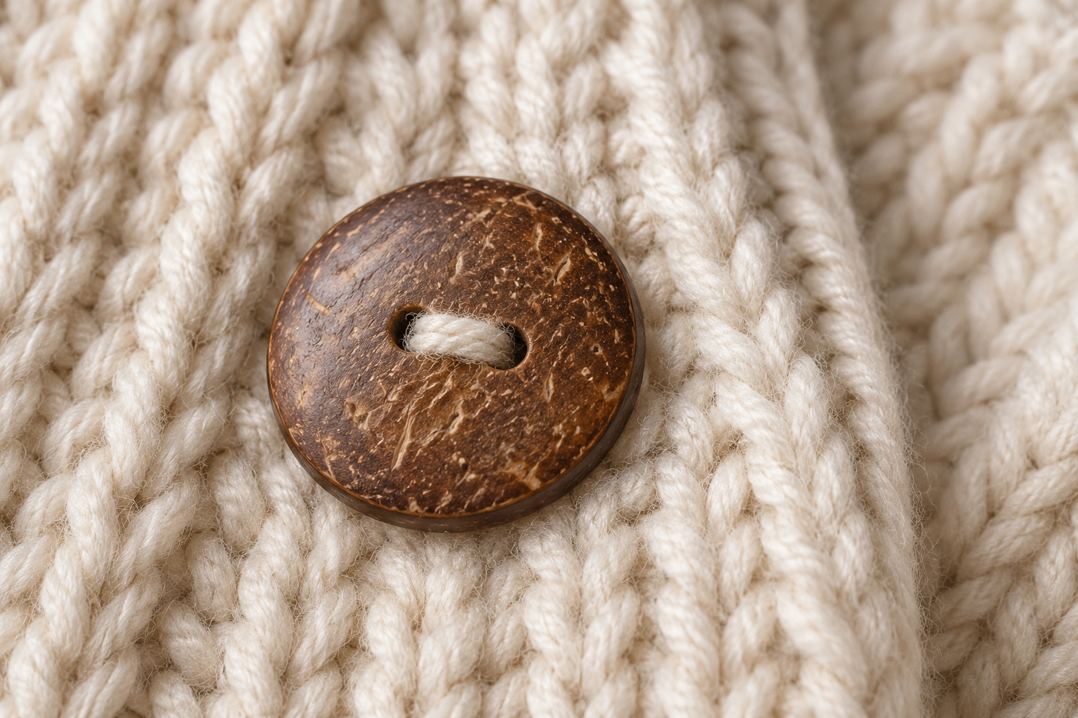 Kokosknopf auf cremefarbenem Strickstoff