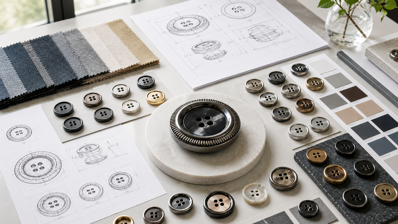Knöpfe auf Skizzen und Materialproben für die Produktentwicklung