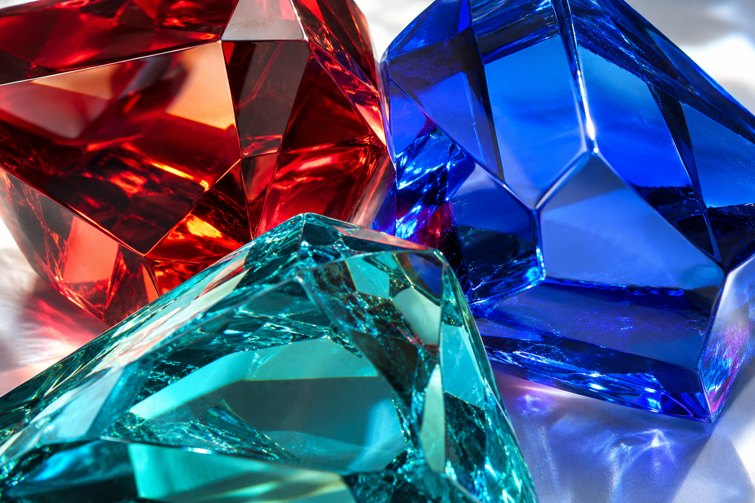 Facettierte Glasstücke in Rot, Blau und Türkis
